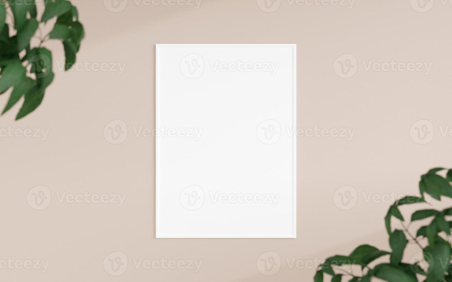 Clean and minimalist front view vertical white photo or poster frame mockup hanging on the wall with blurry plant. 3d rendering.