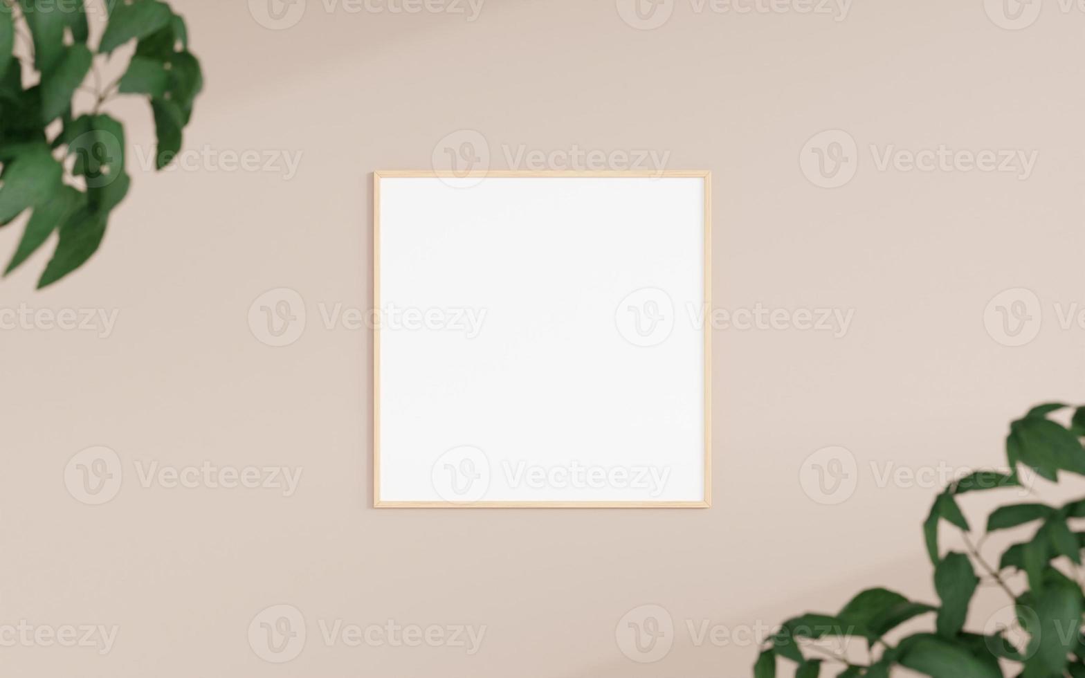 Clean and minimalist front view square wooden photo or poster frame mockup hanging on the wall with blurry plant. 3d rendering.