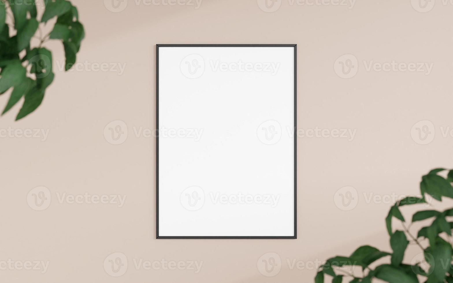 Clean and minimalist front view vertical black photo or poster frame mockup hanging on the wall with blurry plant. 3d rendering.