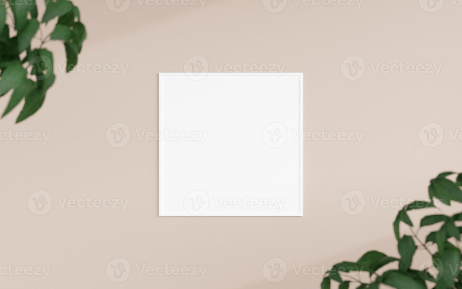 Clean and minimalist front view square white photo or poster frame mockup hanging on the wall with blurry plant. 3d rendering.