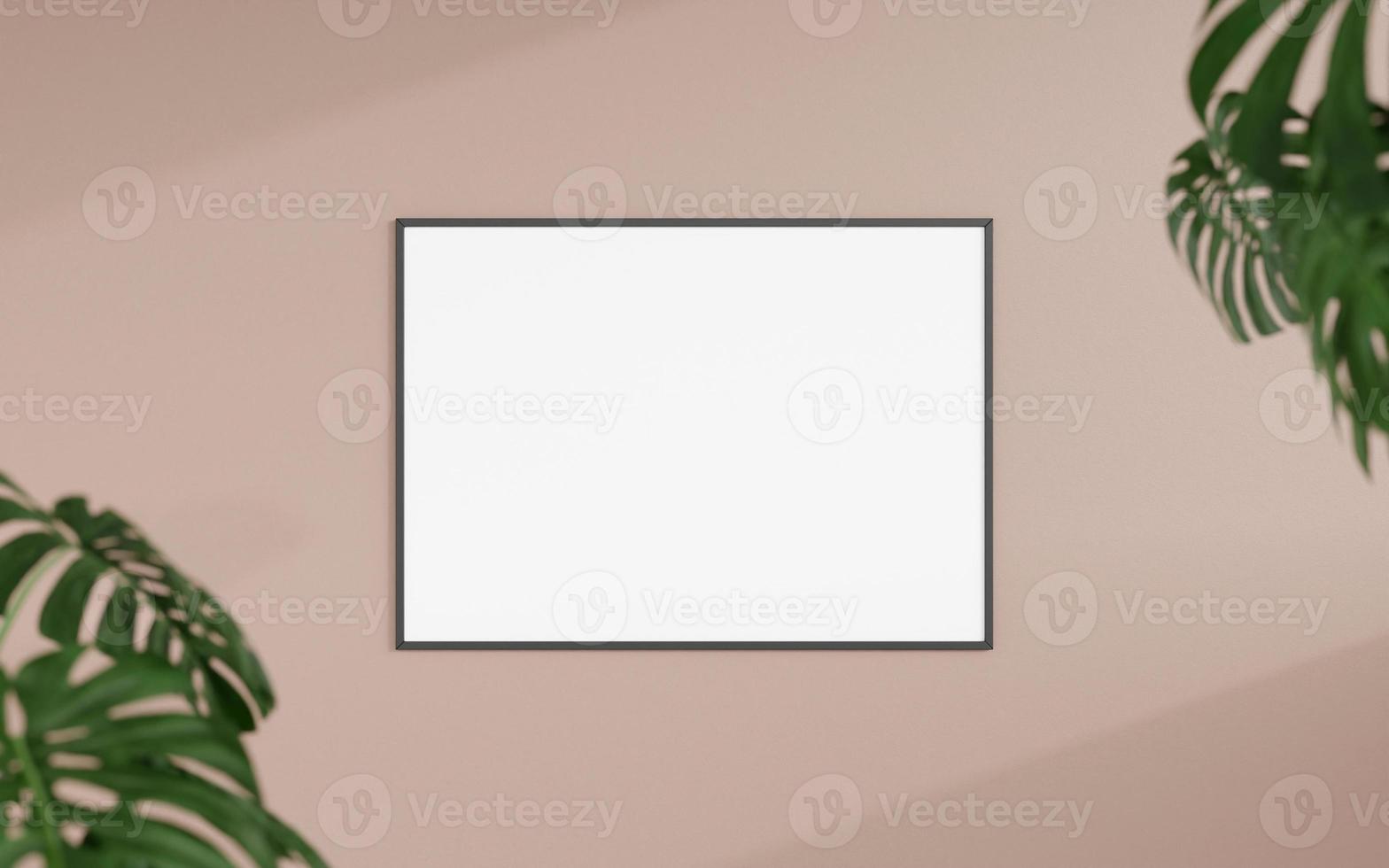 Clean and minimalist front view horizontal black photo or poster frame mockup hanging on the wall with blurry plant. 3d rendering.