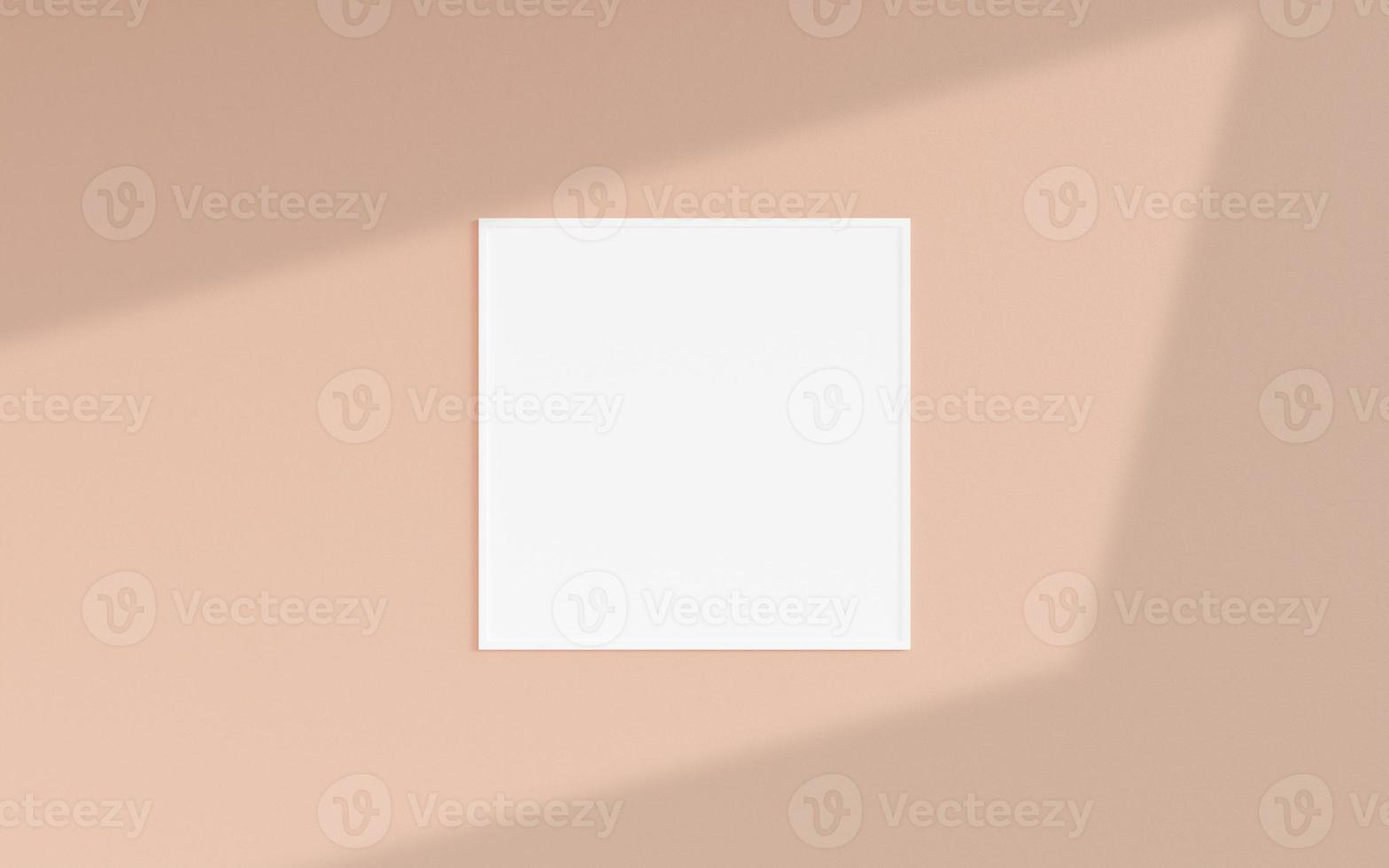 Clean and minimalist front view square white photo or poster frame mockup hanging on the wall with shadow overlay. 3d rendering.