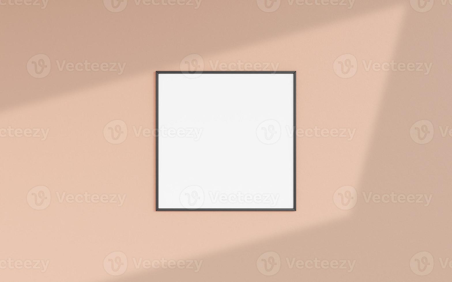 Clean and minimalist front view square black photo or poster frame mockup hanging on the wall with shadow overlay. 3d rendering.