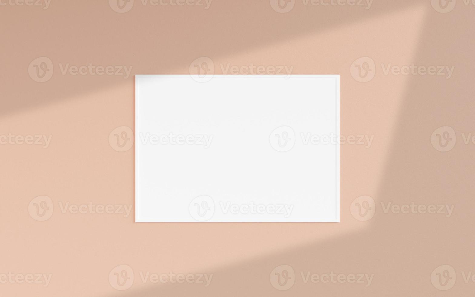 Clean and minimalist front view horizontal white photo or poster frame mockup hanging on the wall with shadow overlay. 3d rendering.