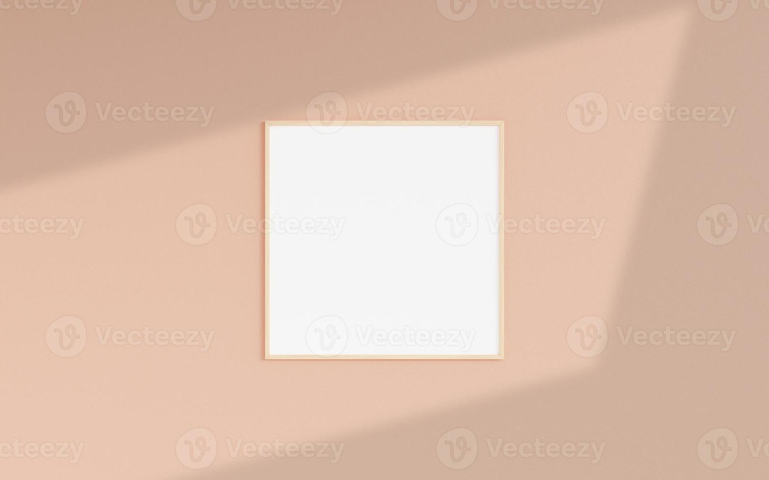 Clean and minimalist front view square wooden photo or poster frame mockup hanging on the wall with shadow overlay. 3d rendering.