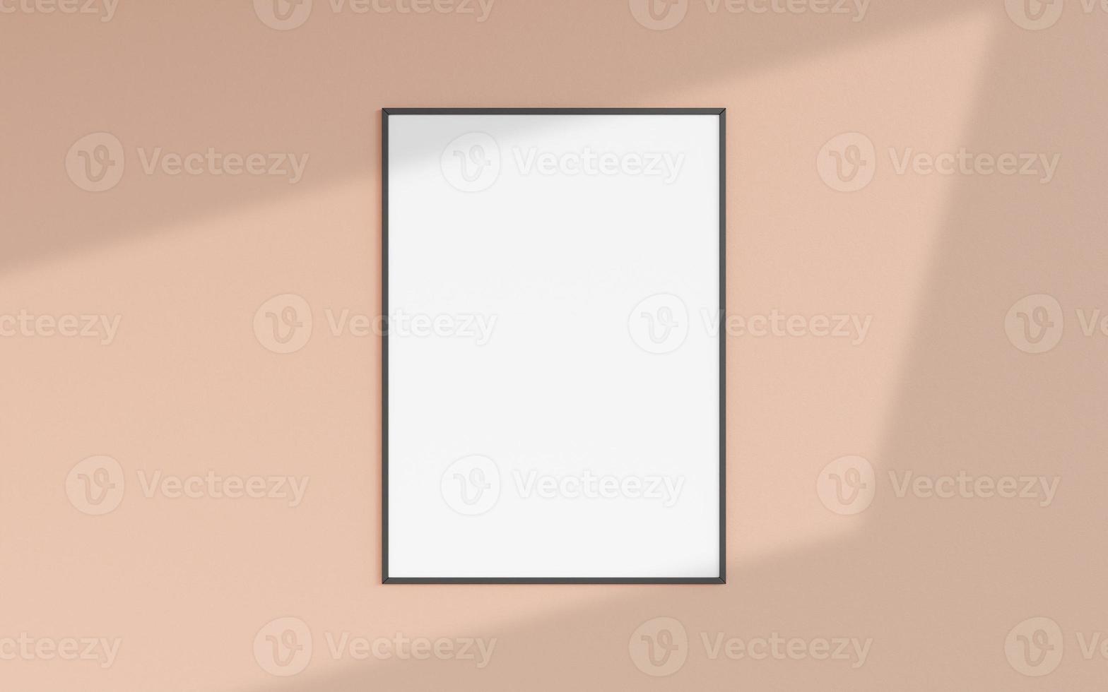 Clean and minimalist front view vertical black photo or poster frame mockup hanging on the wall with shadow overlay. 3d rendering.