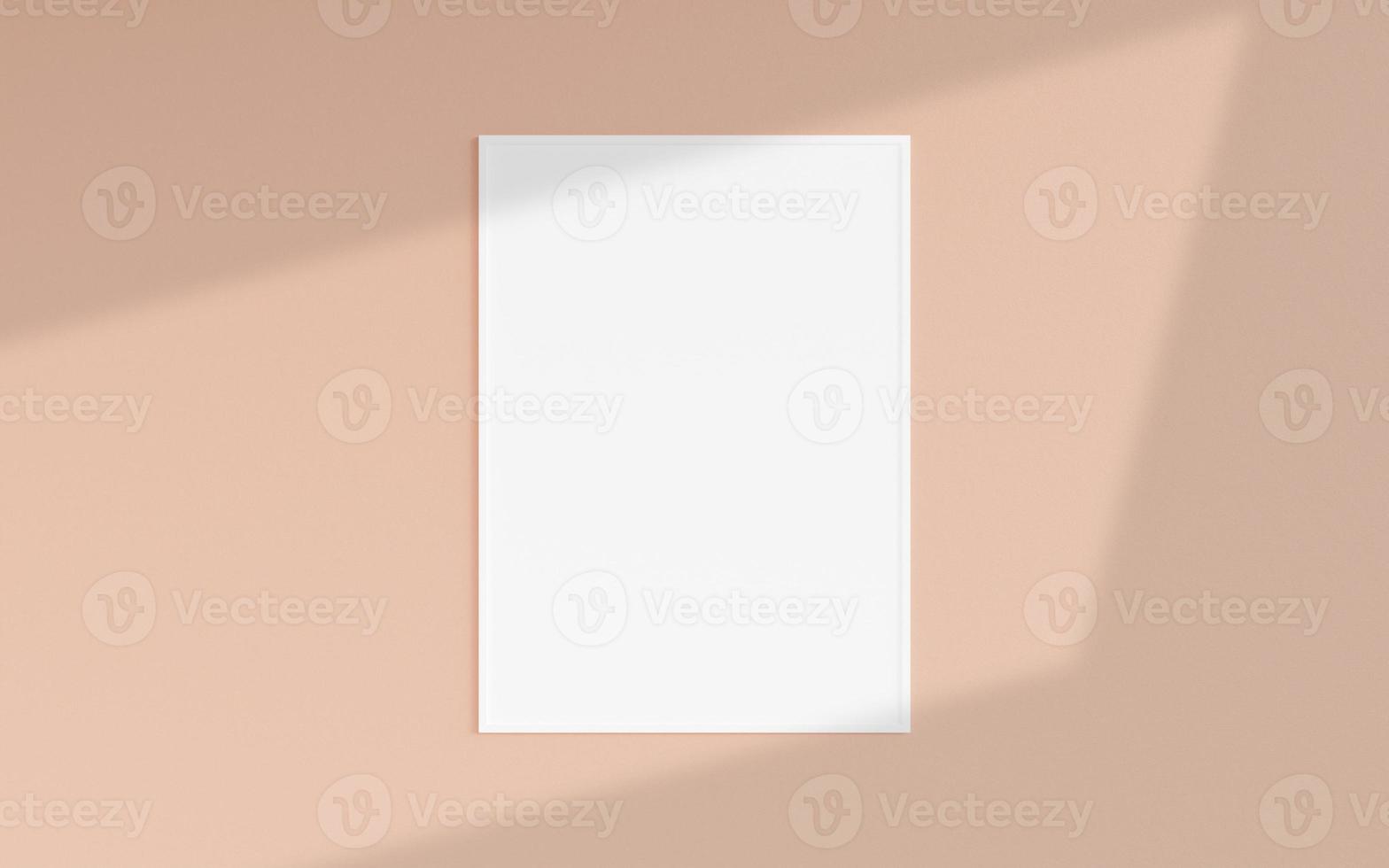 Clean and minimalist front view vertical white photo or poster frame mockup hanging on the wall with shadow overlay. 3d rendering.