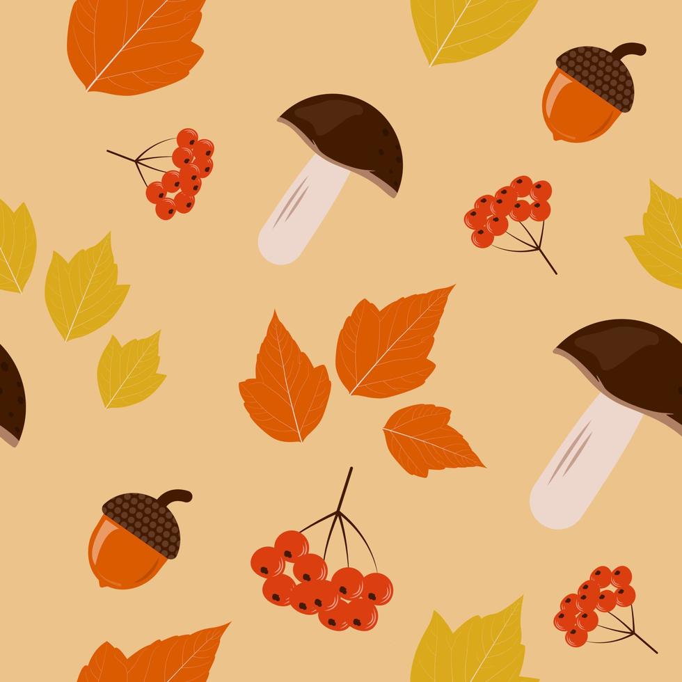 Autumn seamless pattern with mushrooms, berries, leaves and acorns vector