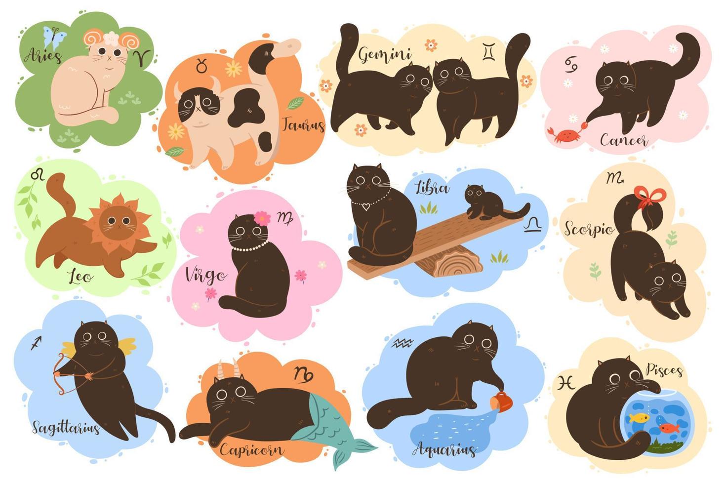 Vector collection of twelve zodiac signs. Set of cute kawaii zodiac cats