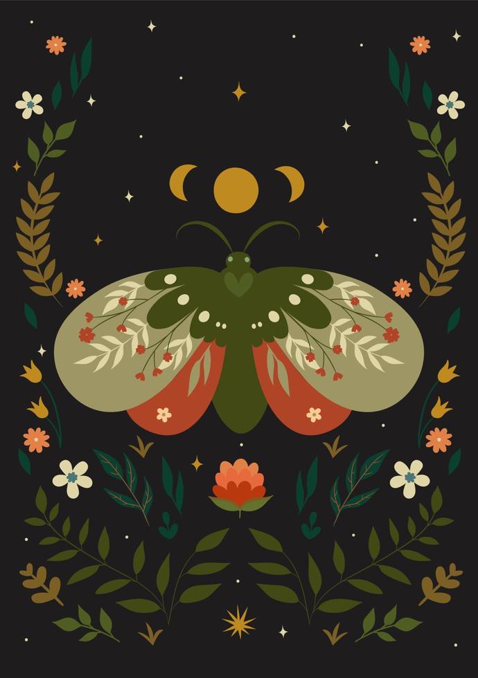 Postcard with a moth in boho style. Vector graphics.