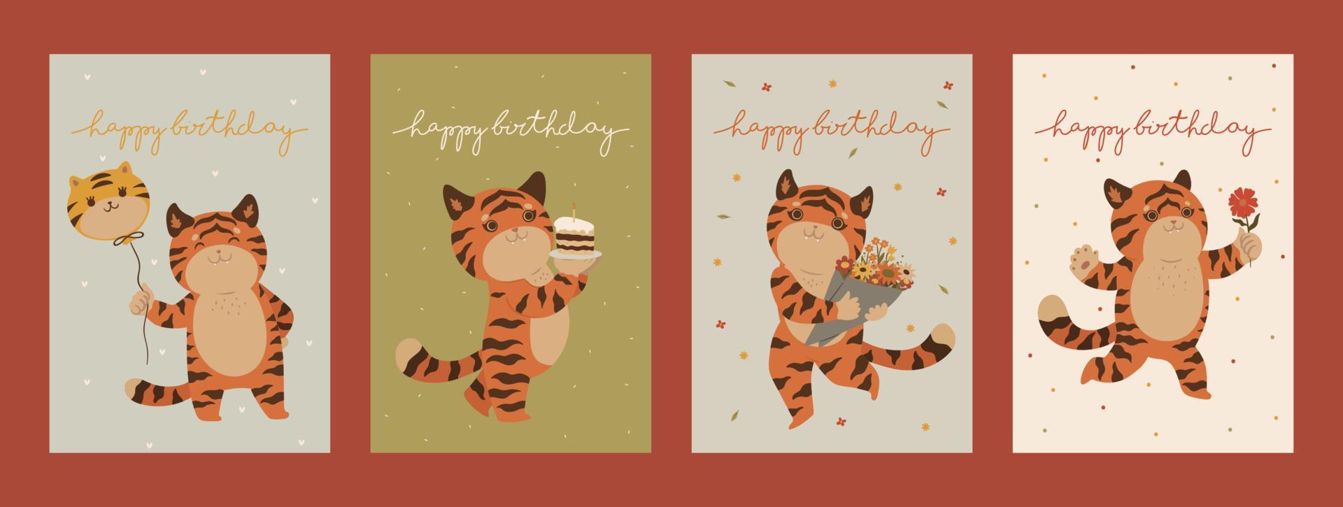 Collection of birthday cards with tigers. Vector graphics.