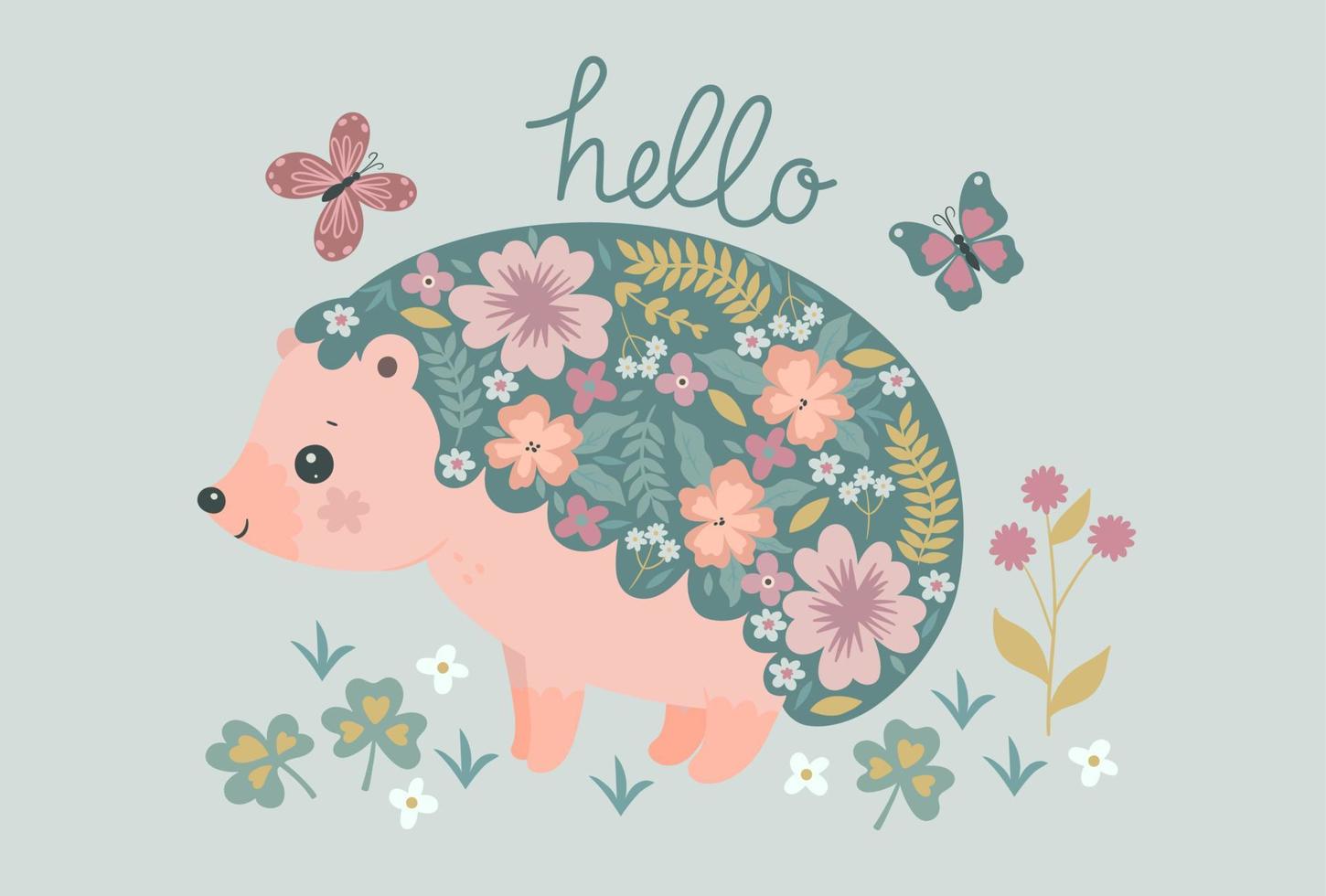 Postcard with a blooming hedgehog with the inscription hello. Vector graphics.