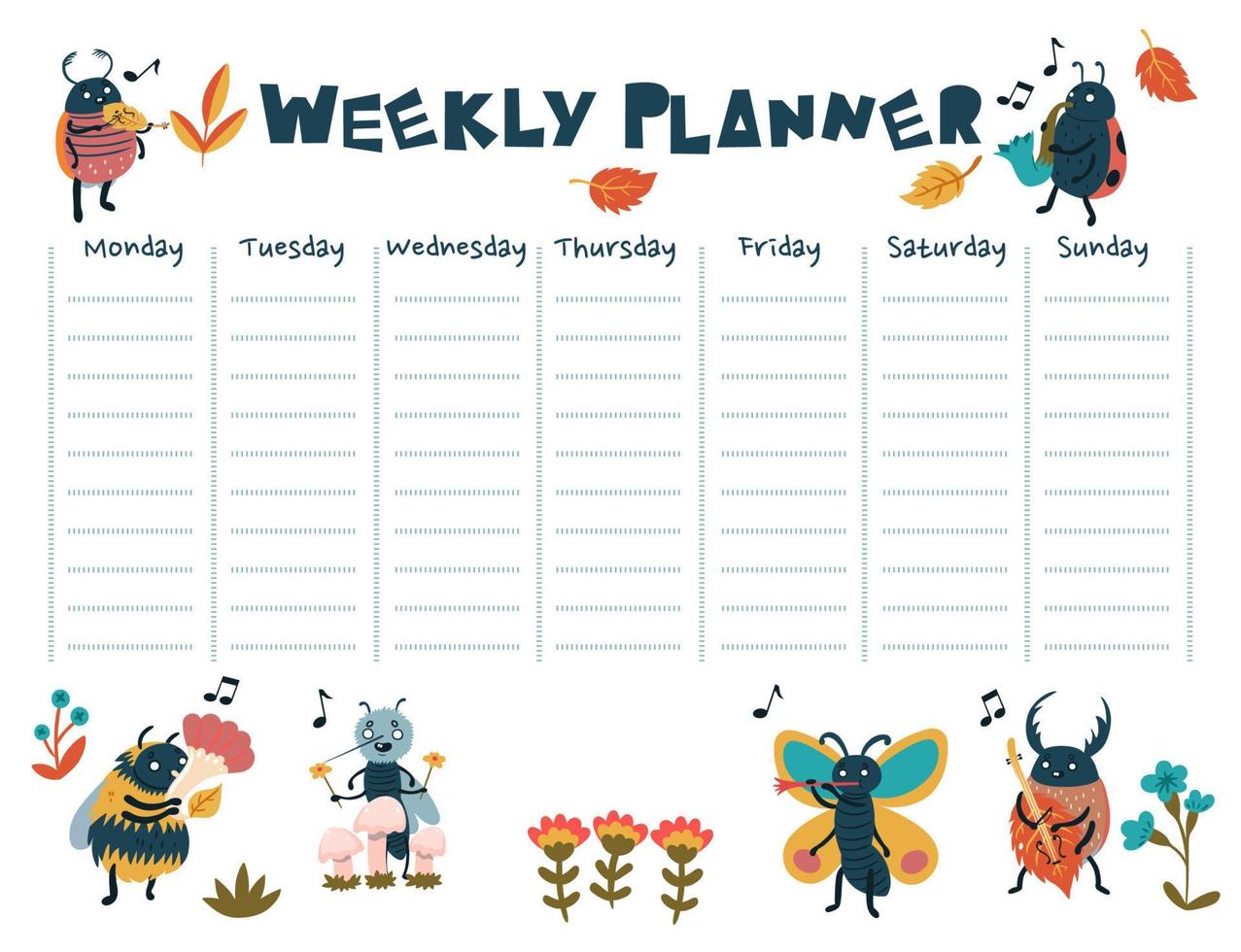 Schedule with cute beetles musicians. Vector graphics.