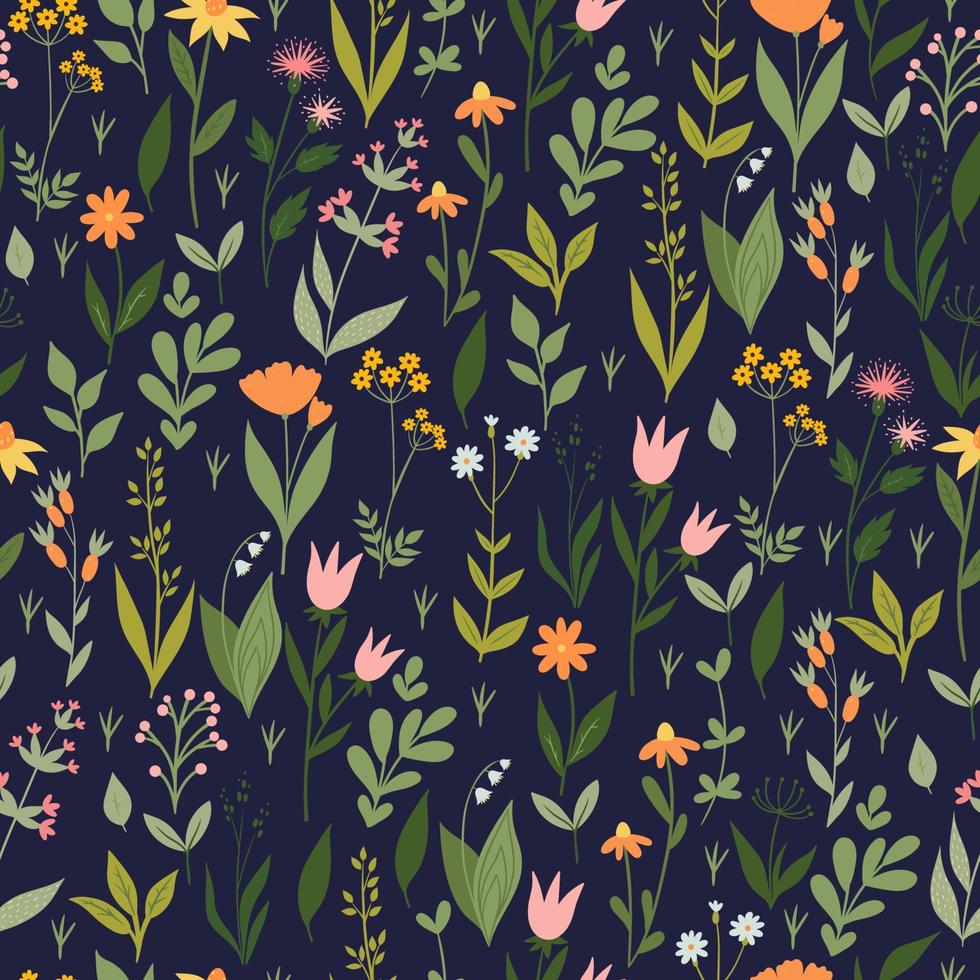 Meadow flowers seamless pattern. Vector graphics.