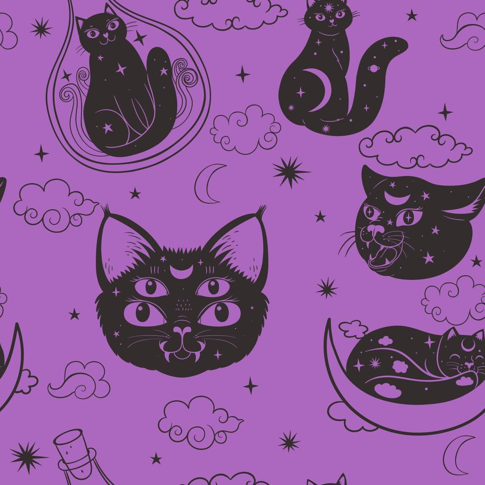 Esoteric seamless pattern with cats. Vector graphics.