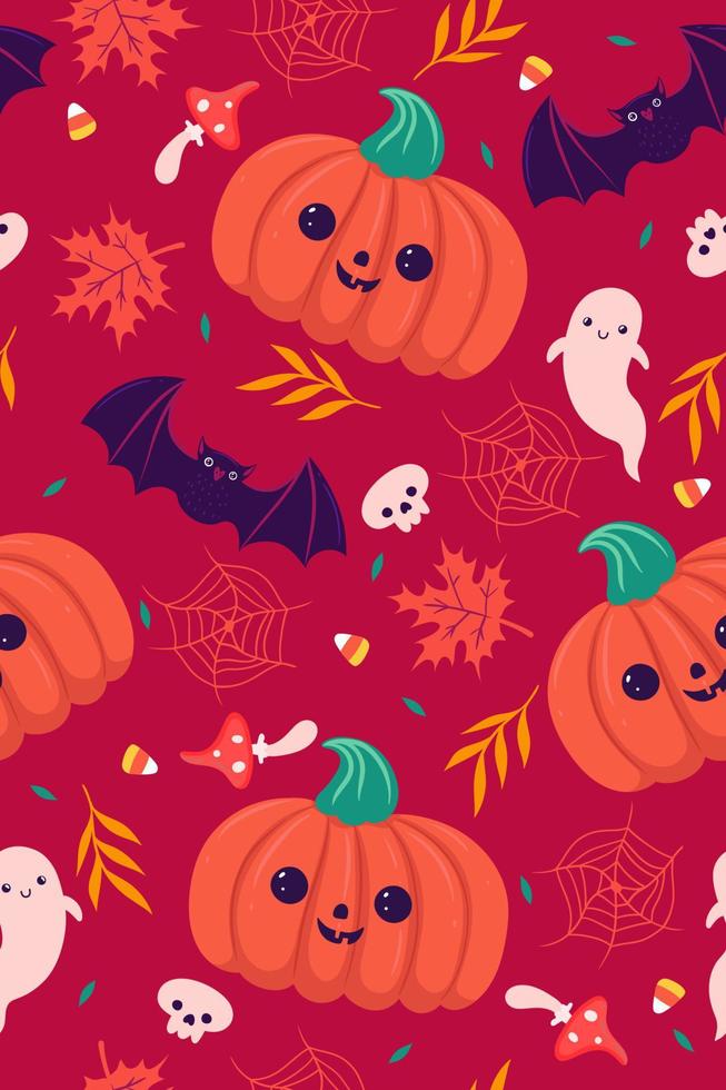 Seamless halloween pattern with pumpkins and bats. Vector graphics.