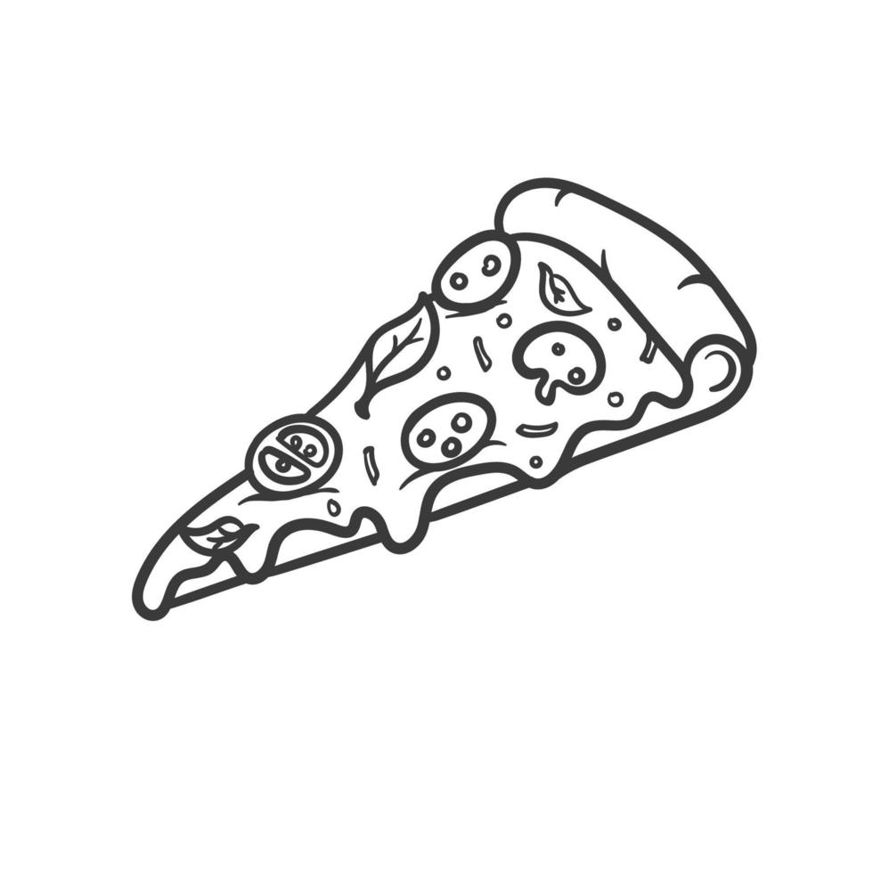 Vector illustration. Pizza slice with melted cheese and pepperoni. Hand drawn doodle. Cartoon sketch. Decoration for greeting cards, posters, emblems