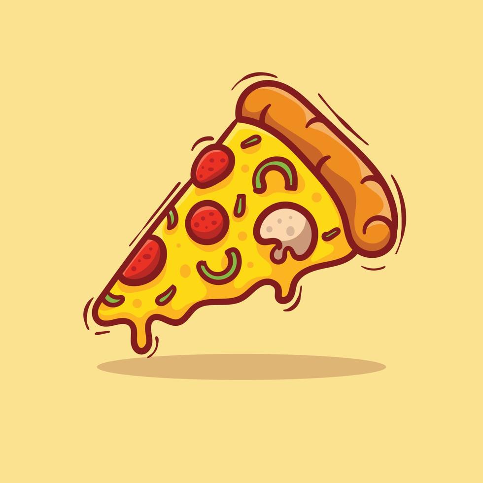 Vector illustration of delicious slice of pepperoni pizza with melted cheese, hand drawn, cartoon, flat, cute