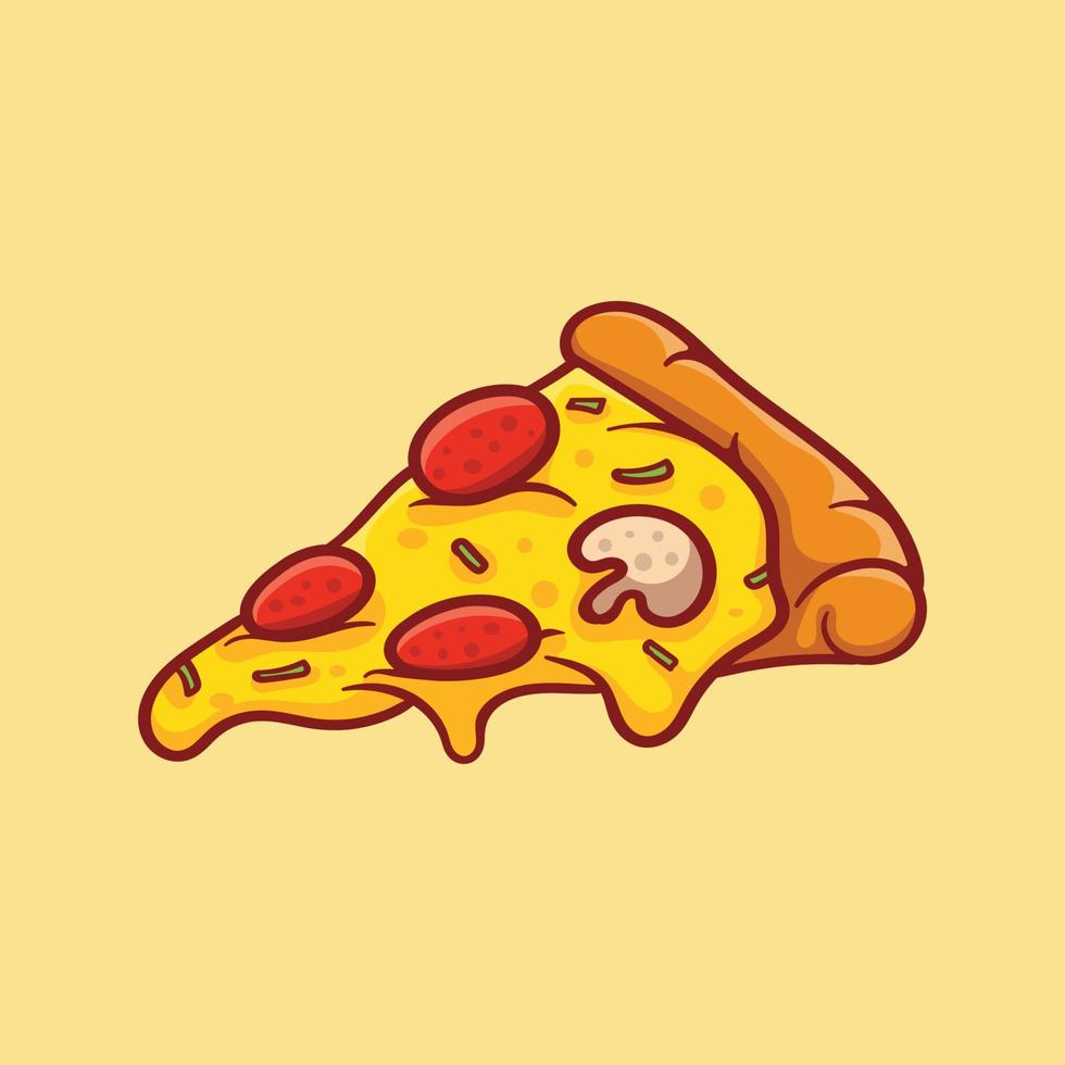 Vector illustration of delicious slice of pepperoni pizza with melted cheese, hand drawn, cartoon, flat, cute