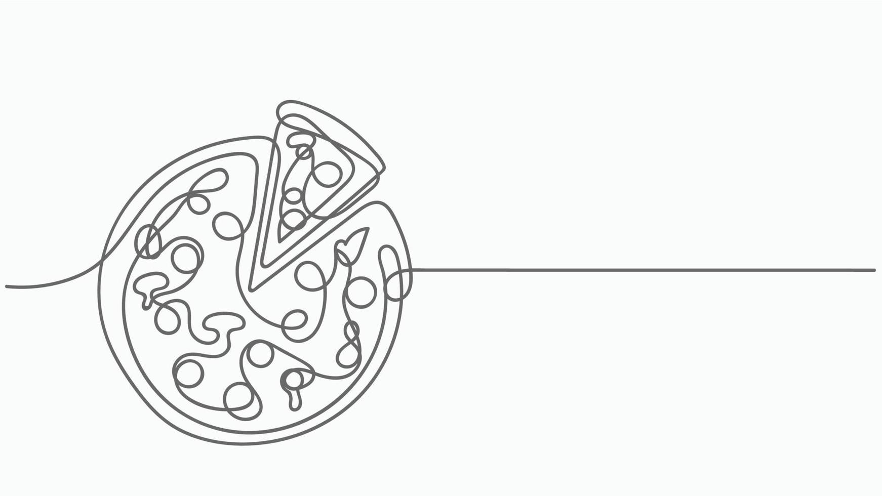 Continuous One Line Pizza and Slice italian fast food cafe. Vector illustration. Pizzeria