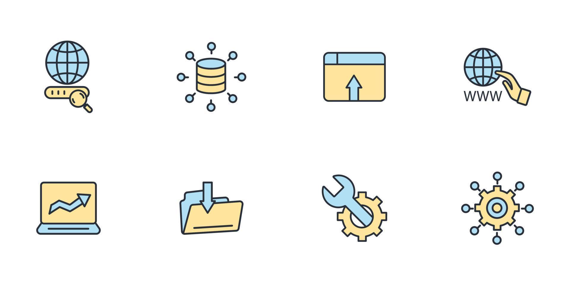 conjunto de iconos de tecnología de alojamiento web de sitio web en línea seo. elemento de vector de símbolo de paquete de tecnología de alojamiento web de sitio web en línea seo para web infográfico