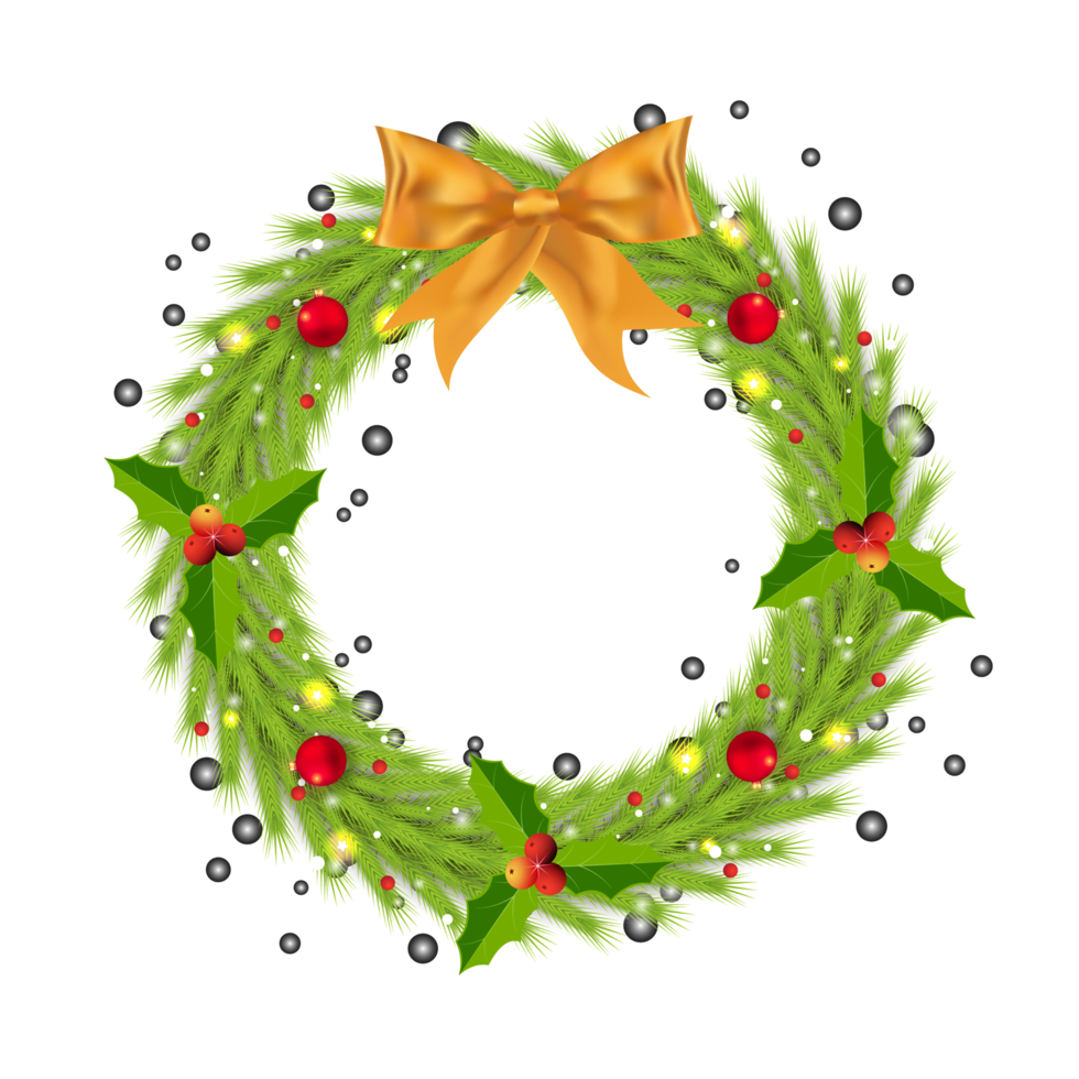 Christmas realistic wreath PNG image with decorative balls. Green wreath with red berries and golden ribbon. Christmas element design with a realistic green wreath on a transparent background.