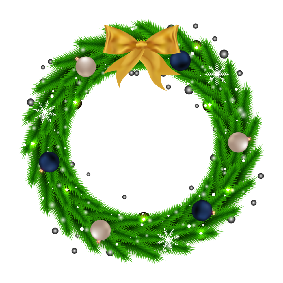 Christmas green wreath PNG image with blue and white decoration balls. Green color wreath design with lights and snowflakes. Christmas wreath with calligraphy on a transparent background.