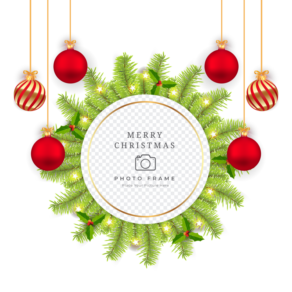 Christmas photo frame PNG with green leaf and decoration balls. Photo frame elements on a transparent background. Holiday photo frame design with red and golden balls, lights, and pine leaves.