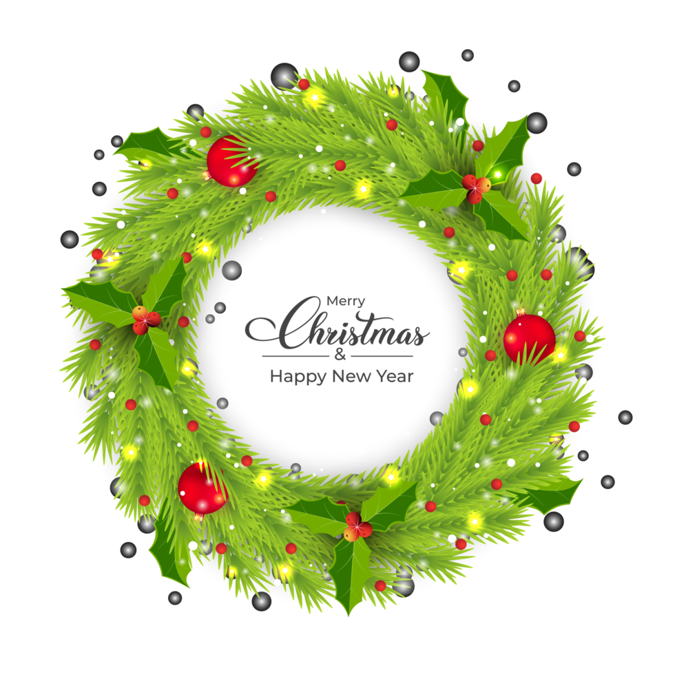 weihnachtskranz png mit roten dekorationskugeln. grüner Kranz mit roten Beeren und Dekorationselementen. weihnachtselementdesign mit einem realistischen grünen kranz auf einem transparenten hintergrund.