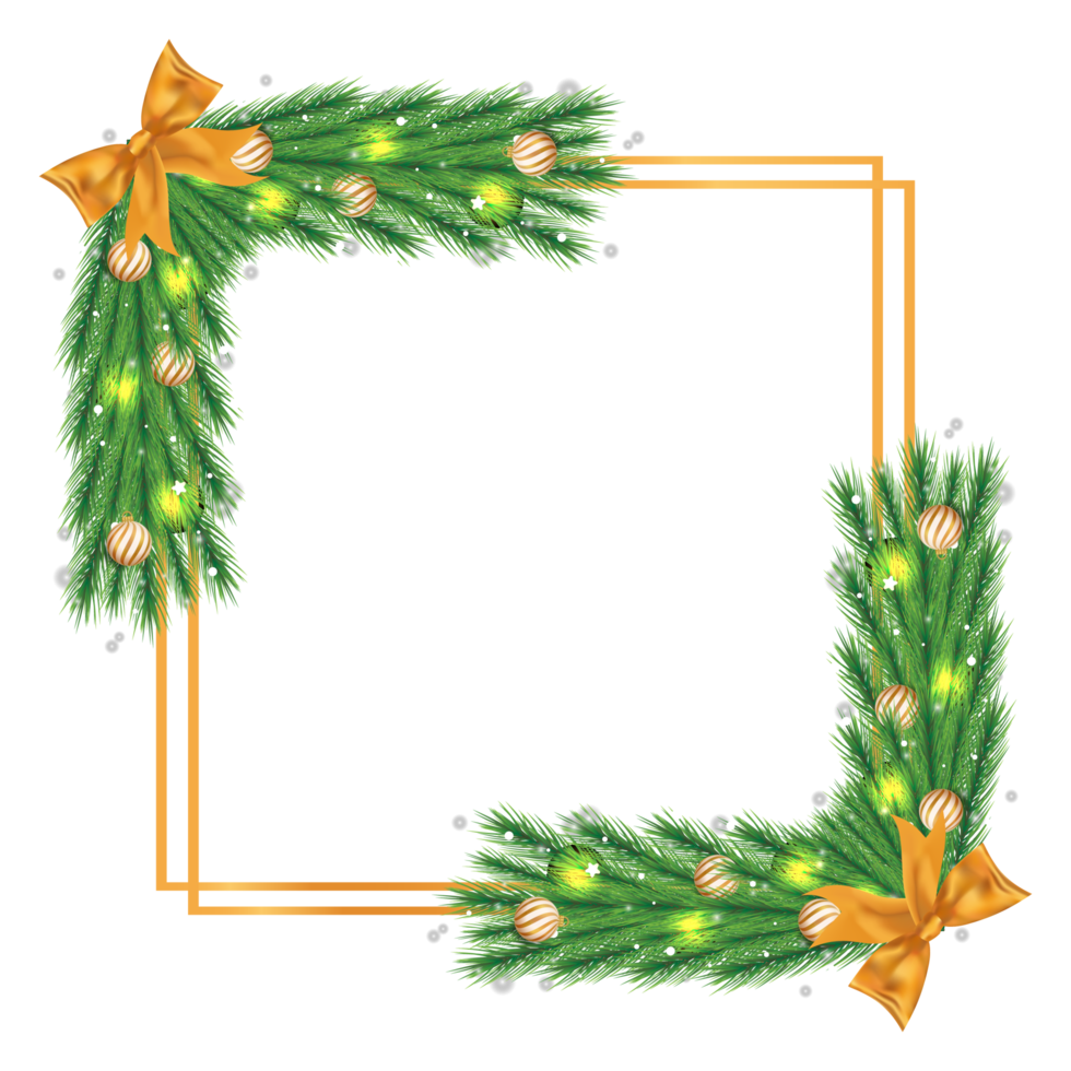 Christmas social media frame PNG with realistic pine leaves. Xmas frame with golden balls. Christmas element design with golden ribbons, decoration balls, and snowflakes on a transparent background.