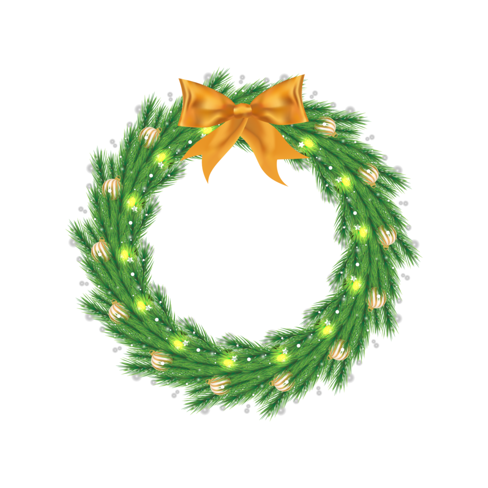 Christmas wreath PNG with green leaves and decoration balls. Xmas green wreath on a transparent background. Merry Christmas wreath with golden decoration balls and glowing snowflakes.