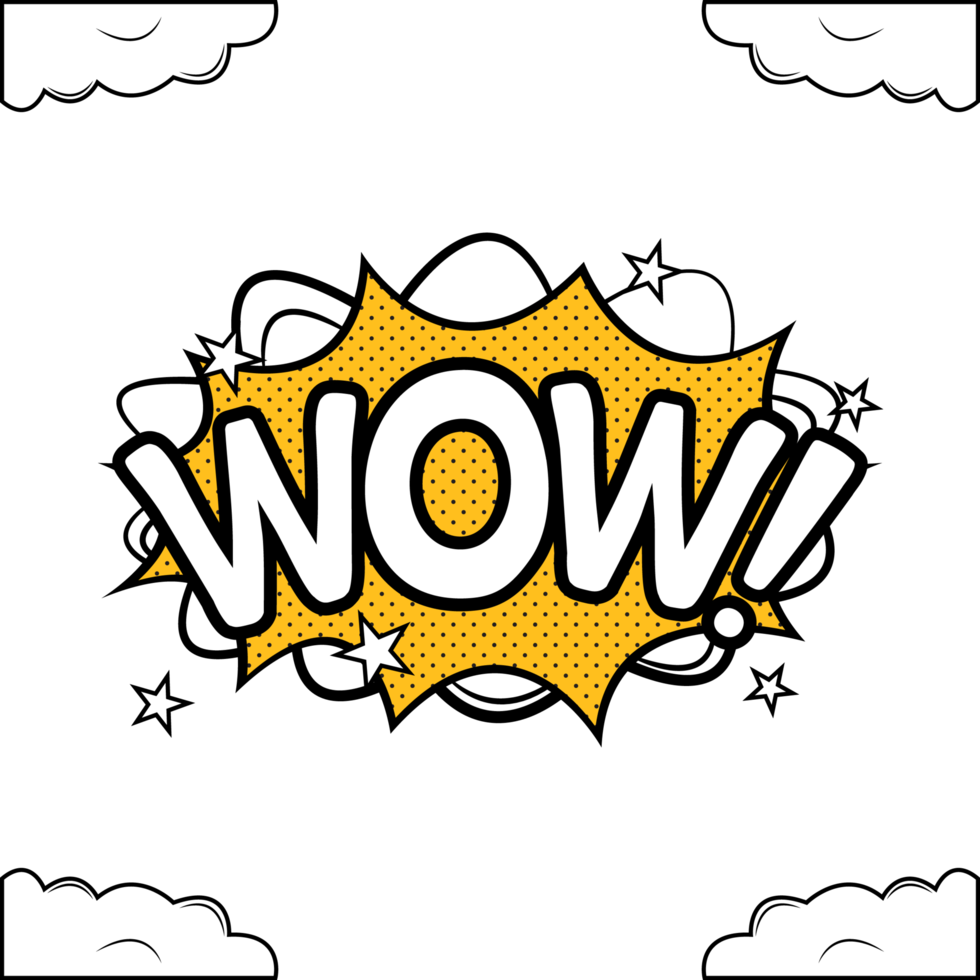 Comic blast PNG with text bubble. Cartoon burst with white color words and clouds. Funny explosion bubbles for cartoons with white and yellow colors on a transparent background. Comics wow text.