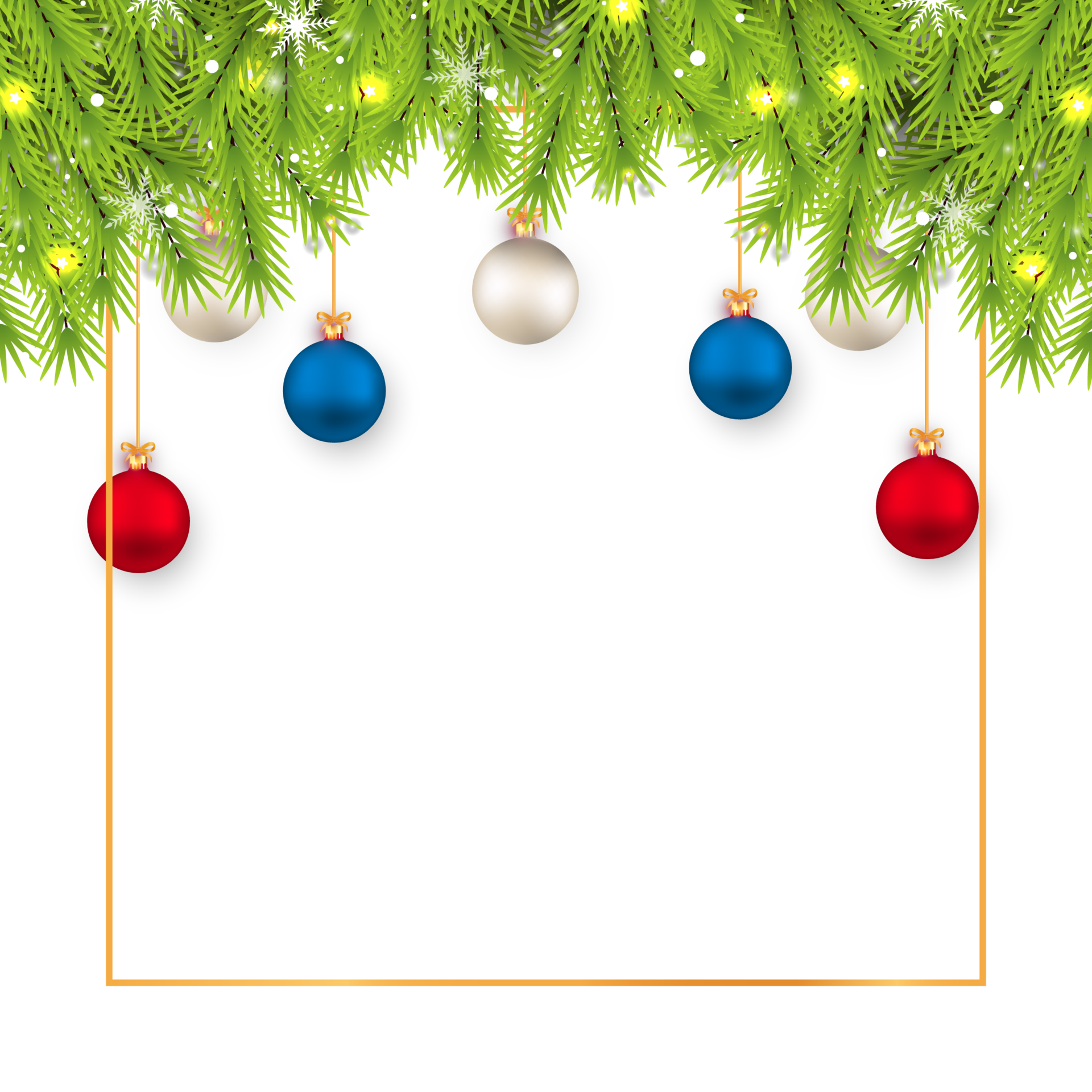 Free Christmas background PNG with realistic pine leaves. Xmas elements  with colorful balls and snowflakes. Merry Christmas decoration elements  with calligraphy and green leaves on transparent background. 9973880 PNG  with Transparent Background