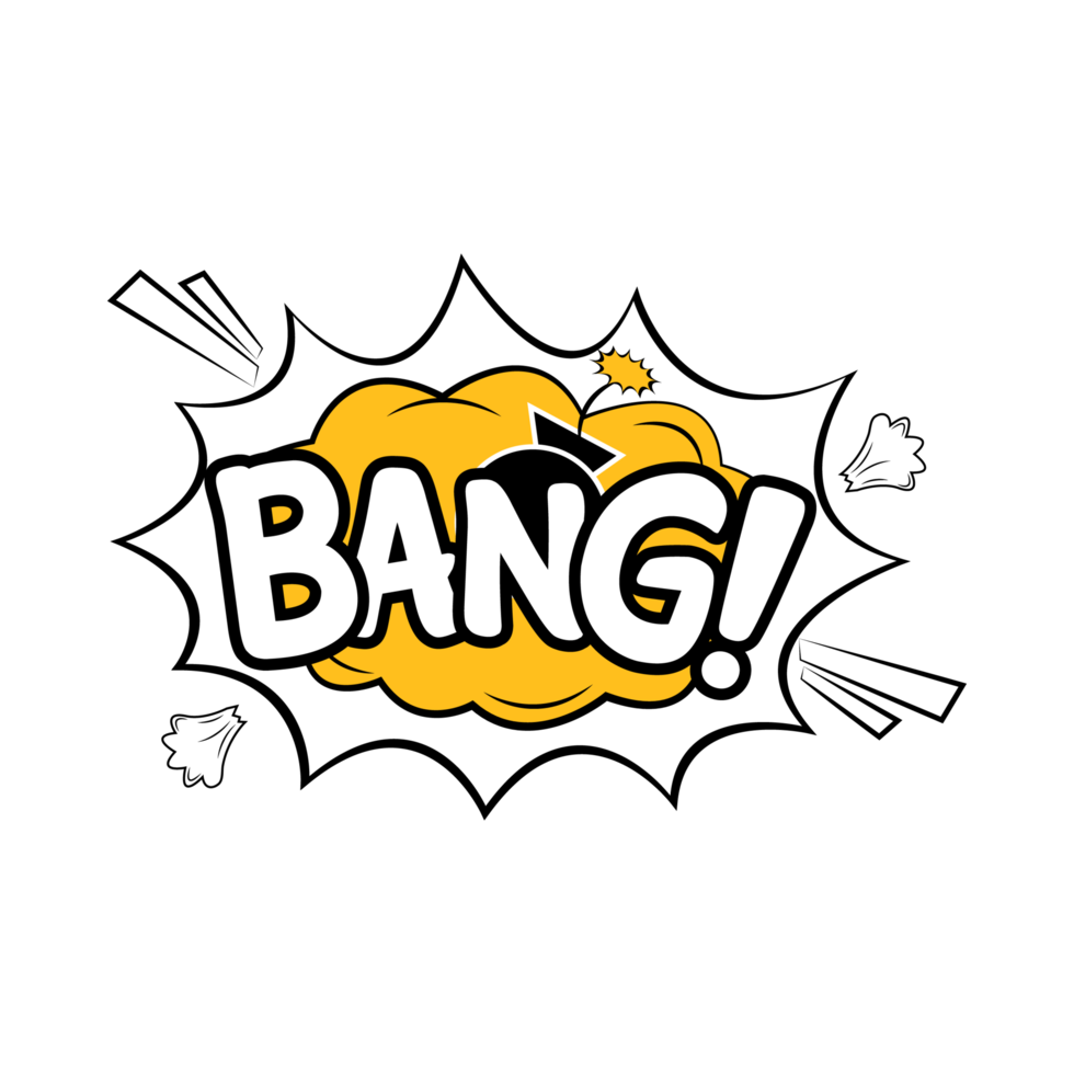 Bang word comic explosion PNG image. Comic blast design with yellow bubble. Cartoon burst with white words and a bomb. Funny explosion bubbles for cartoons on a transparent background.