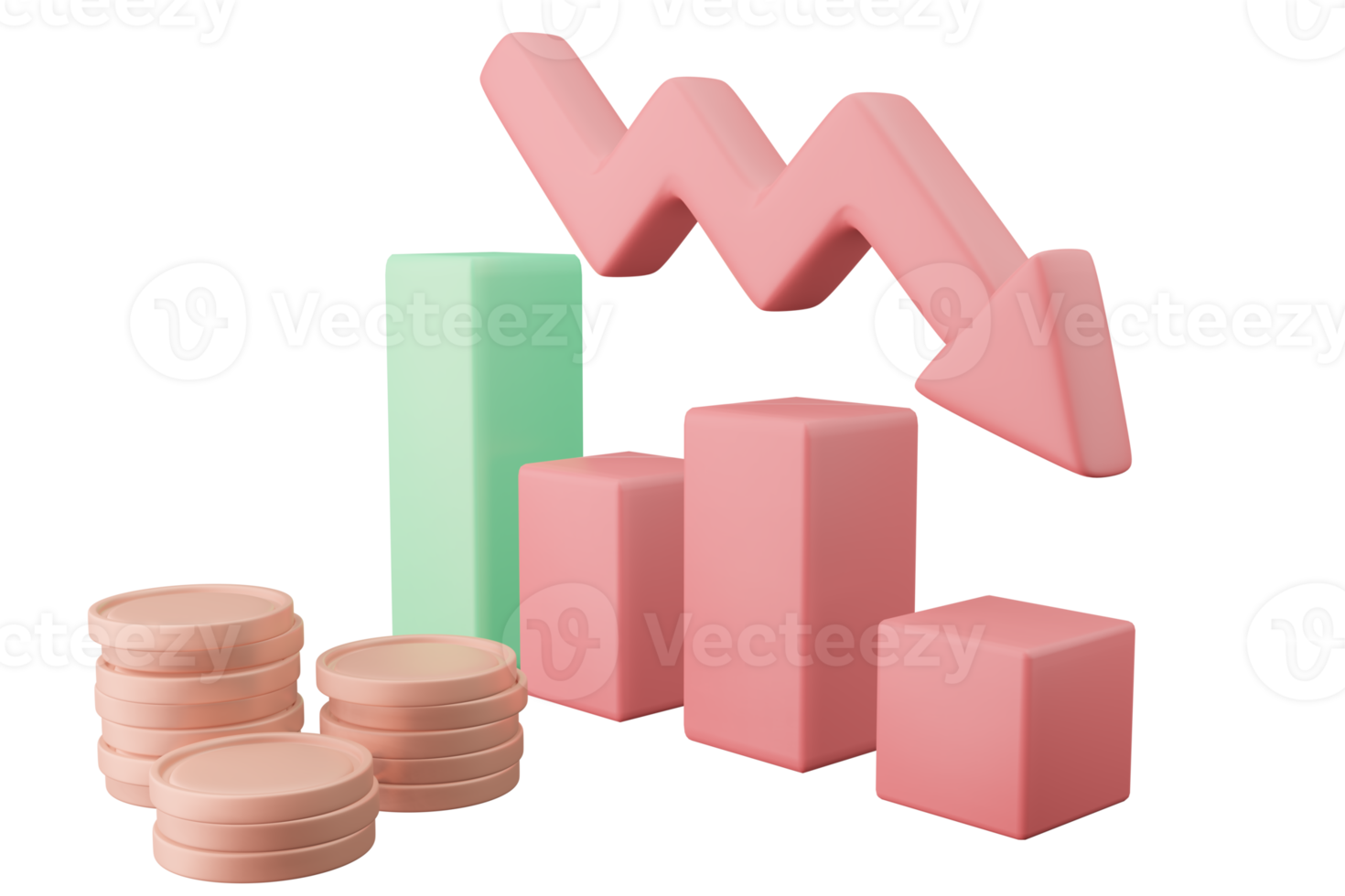 lager diagram nedåtgående trend röd pil och mynt 3d illustration finansiell ikon för aktiemarknaden png