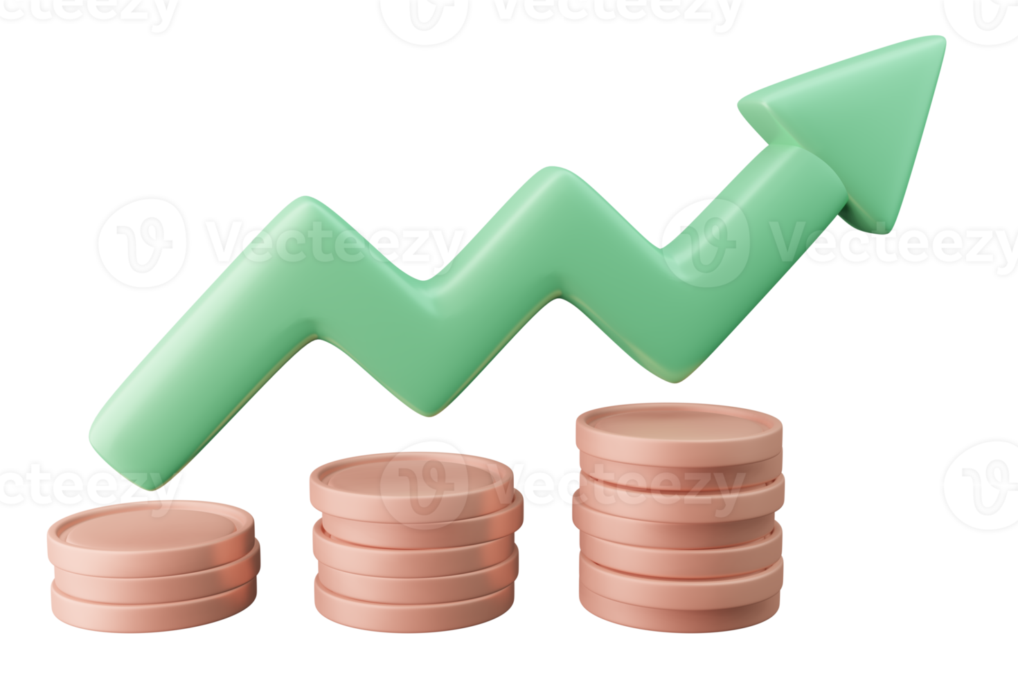 Münzturm mit grünem Pfeil Aufwärtstrend 3D-Darstellung Finanzsymbol für die Börse png