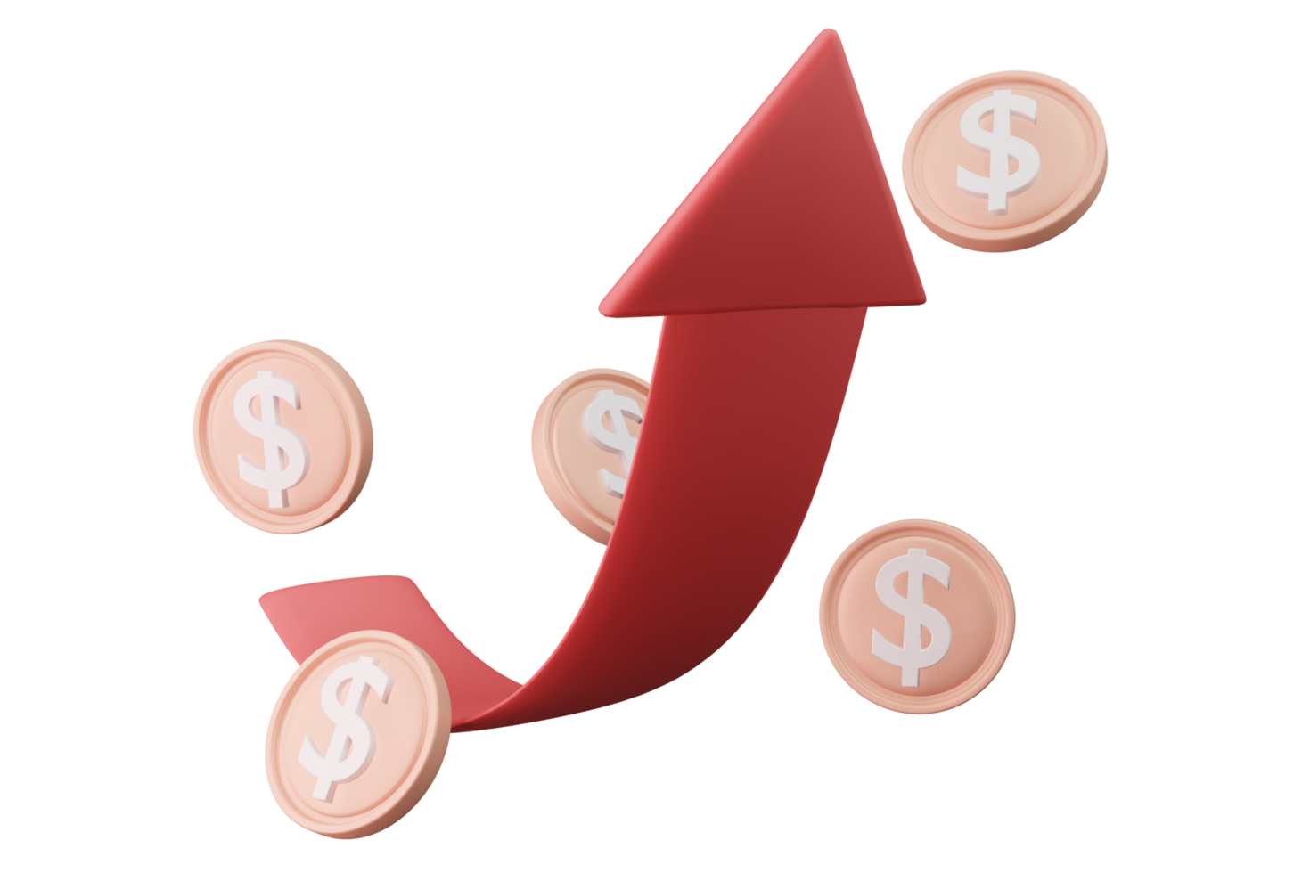 seta vermelha para cima e ícone financeiro de ilustração 3d de crescimento de moedas para o mercado de ações png