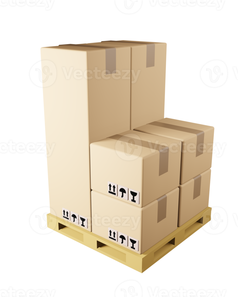 Cardboard boxes stacking various size on wooden pallet 3D illustration delivery packing  and transportation shiping logistics storage png