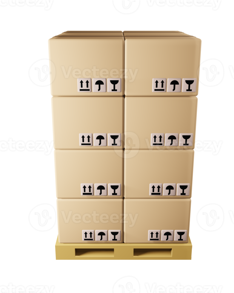 Cardboard boxes stacking on wooden pallet 3D illustration delivery packing  and transportation shiping logistics storage front view png
