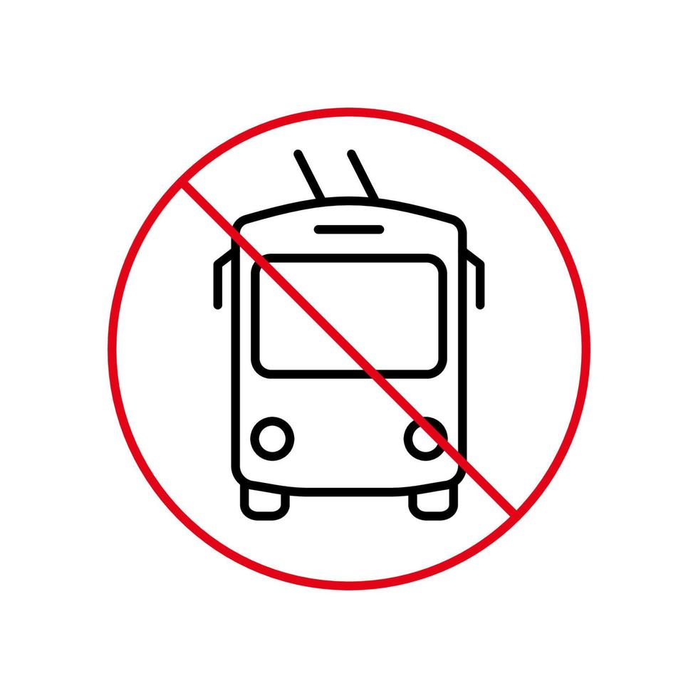 Trolleybus Ban Black Line Icon. Trolley Bus Forbidden Outline Pictogram. Caution Electric Transport Red Stop Circle Symbol. No Allow Trolleybus Sign. Trolleybus Prohibited. Vector Illustration.