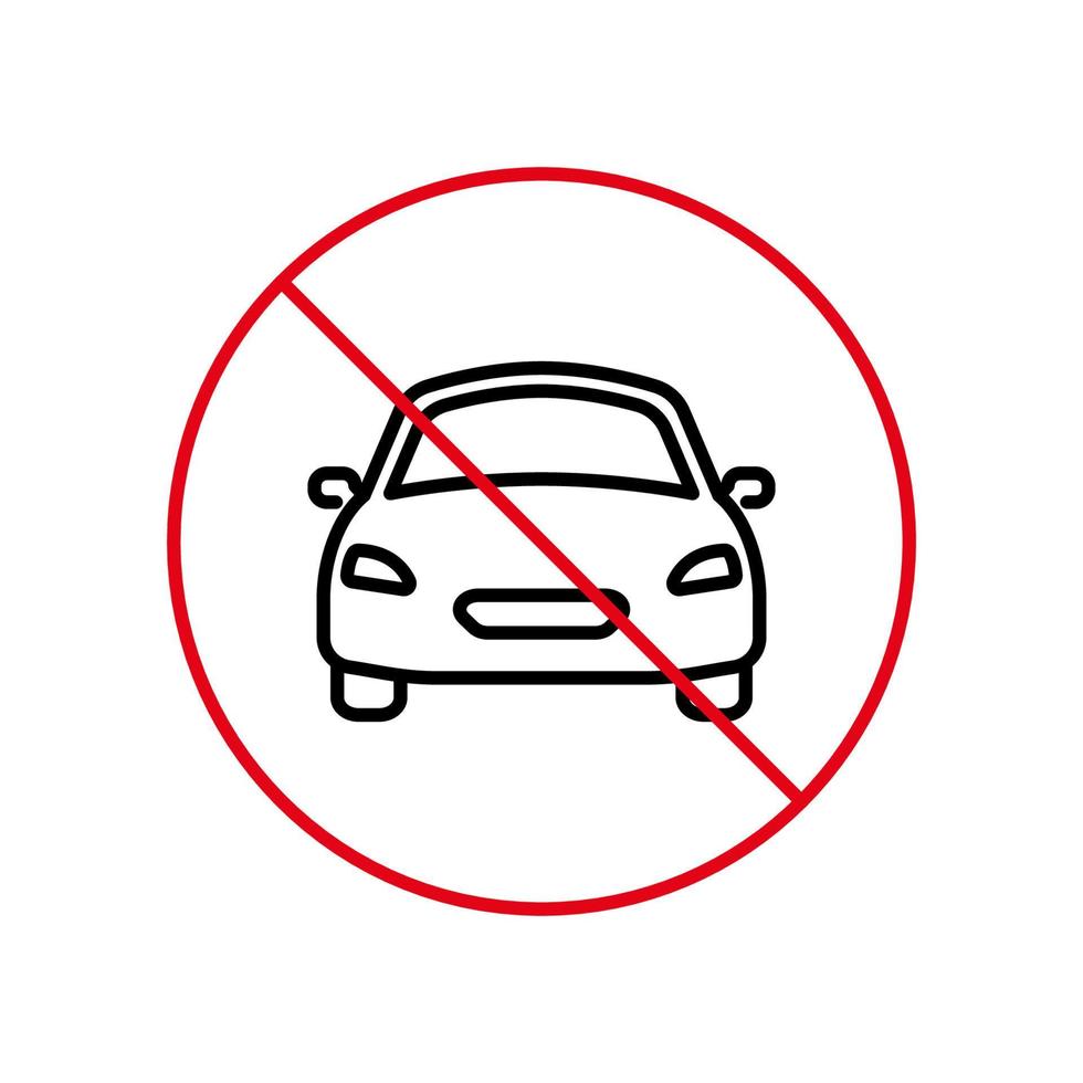 icono de línea negra de prohibición automática de vehículos. pictograma de contorno prohibido de conducción de automóviles. símbolo del círculo de parada roja del coche del vehículo. no hay señales de tráfico prohibidas para el transporte de automóviles. ilustración vectorial aislada. vector