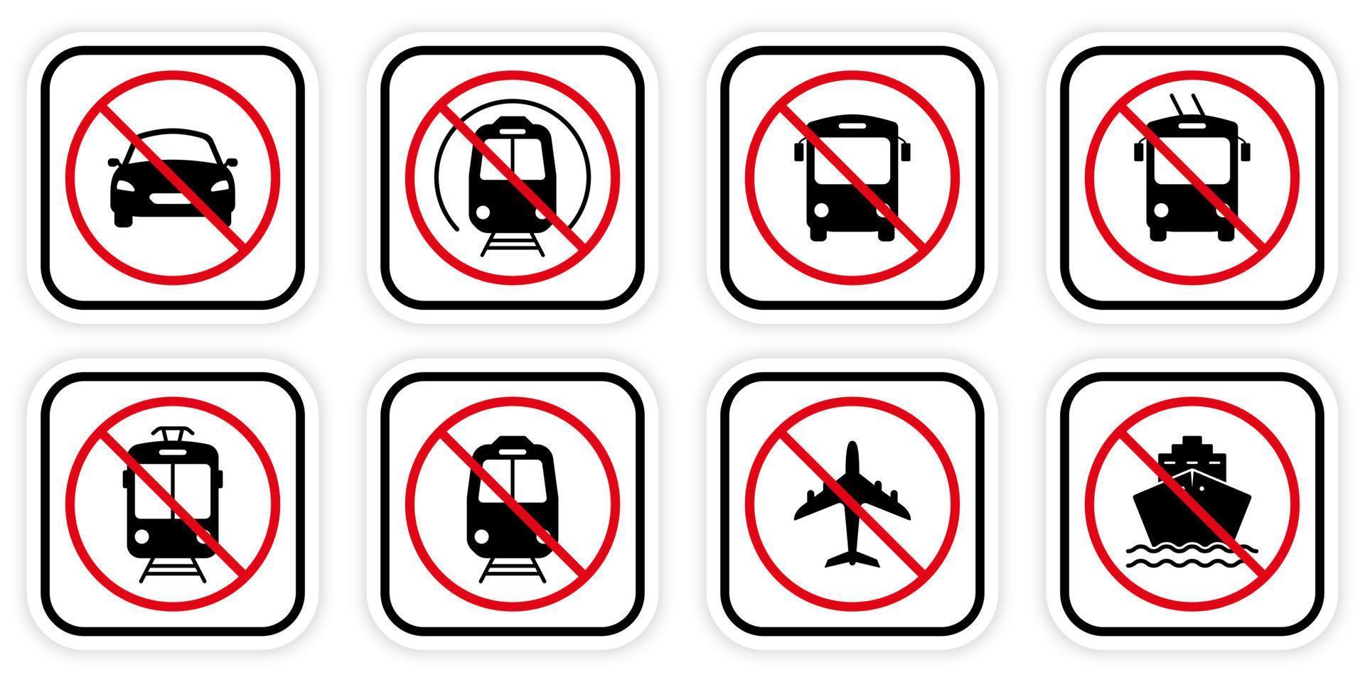 Forbidden Train, Trolley, Car, Motorcycle, Tram, Bicycle, Plane, Bus, Ship Black Silhouette Icon Set. Prohibited Transport Station Sign. Road Red Stop Circle Symbol. Isolated Vector Illustration.