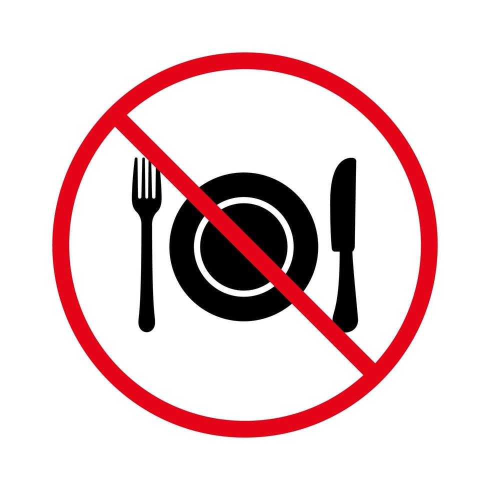 Prohibir el pictograma de cubiertos de cuchillos, platos y tenedores. prohibir el icono de la silueta negra de la cena de los cubiertos del restaurante. No permita el letrero de vajilla. prohibir el símbolo de parada de la placa de cuchillo de horquilla. ilustración vectorial aislada. vector