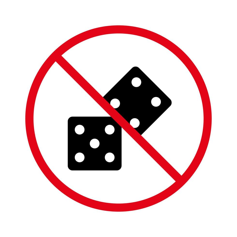 no se permite el signo de juego de dados. backgammon prohibido. prohibir el icono de silueta de dos dados negros. pictograma de apuesta de juego prohibido. Juega el símbolo del círculo rojo de parada de riesgo de cubo. ilustración vectorial aislada. vector