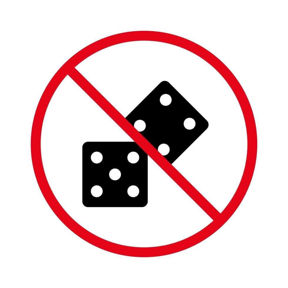 No Allowed Dice Play Sign. Backgammon Prohibited. Ban Black Two Dice Silhouette Icon. Forbidden Gambling Bet Pictogram. Play Cube Risk Red Stop Circle Symbol. Isolated Vector Illustration.