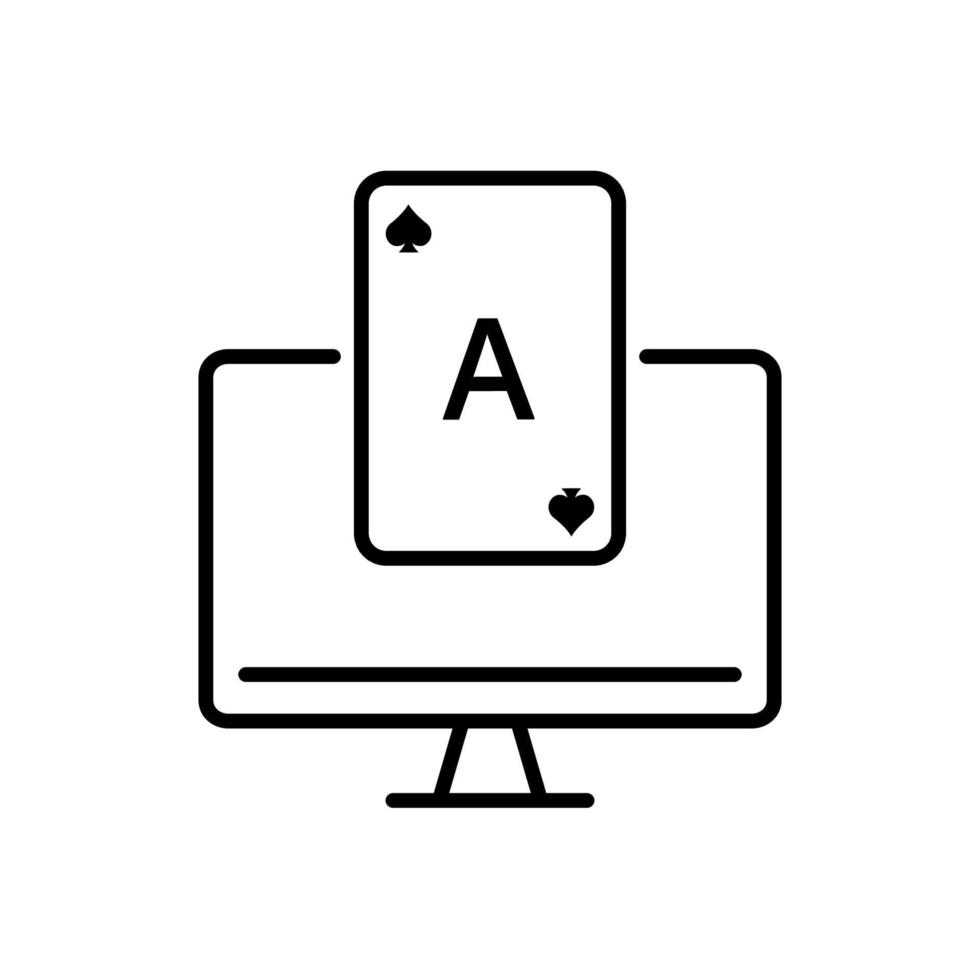 club de póquer en Internet en el pictograma de contorno de la computadora. jugar a las cartas de juego afortunado éxito jackpot símbolo plano. icono de línea de jack negro en línea de casino. juegos de azar en línea. ilustración vectorial aislada. vector