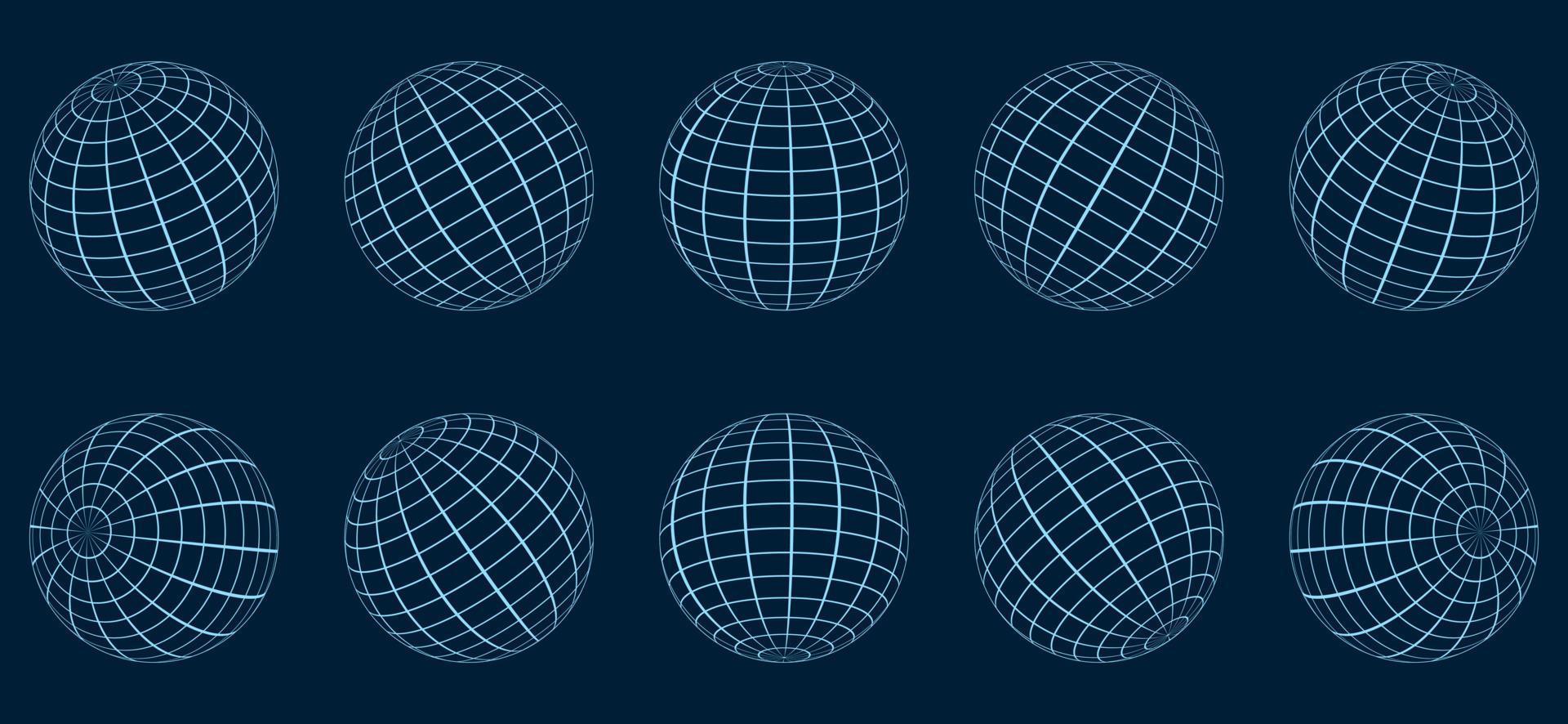 Globe Grid Sphere Set. 3D Wire Global Earth Latitude, Longitude. Geometric Grid Globe. Round Grid Mesh Ball. Wired Line 3D Planet Globe. Wireframe Globe Surface. Isolated Vector Illustration.