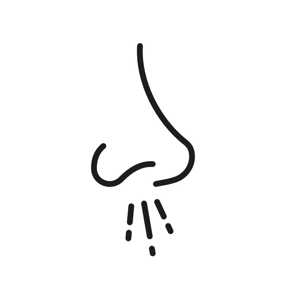 Pictograma de contorno de síntoma de enfermedad de rinitis nasal. símbolo plano del virus de la gripe fría. nariz mocosa que sopla el icono de la línea negra. alergia a la infección de la nariz. Enfermedad respiratoria alérgica. ilustración vectorial aislada. vector