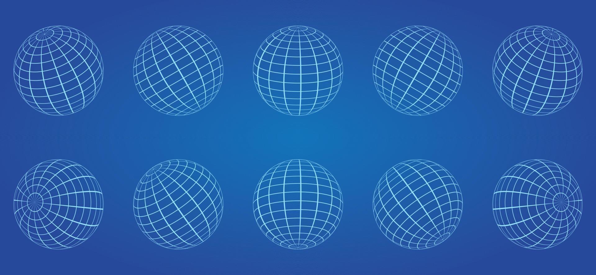 White Globe Grid Sphere Set on Blue Background. 3D Wire Global Earth Latitude, Longitude. Wired Line 3D Planet Globe. Geometric Round Grid Mesh Ball. Wireframe Globe Surface. Isolated Vector. vector