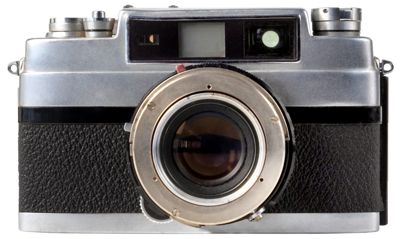 Antique old fashion film camera front view isolated on white background